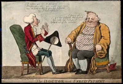 A doctor reprimanding an obese patient for not taking his medicine