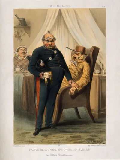 A doctor serving in the French Garde Nationale (reserves) feeling the pulse of a frail old man who is seated in an armchair wearing a saucepan on his head