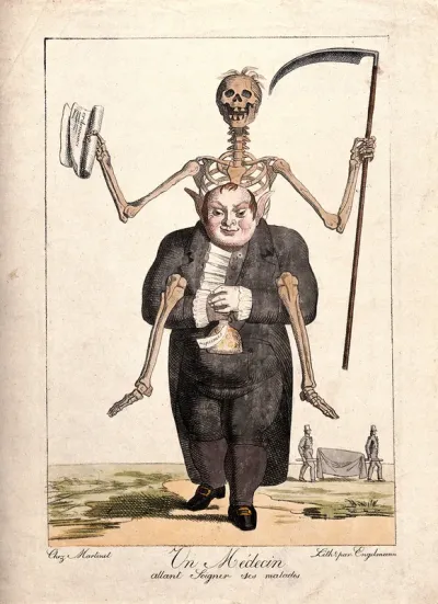 A doctor, straddled by a skeleton, holds a full purse in his hands; signifying that he lives well off others' deaths