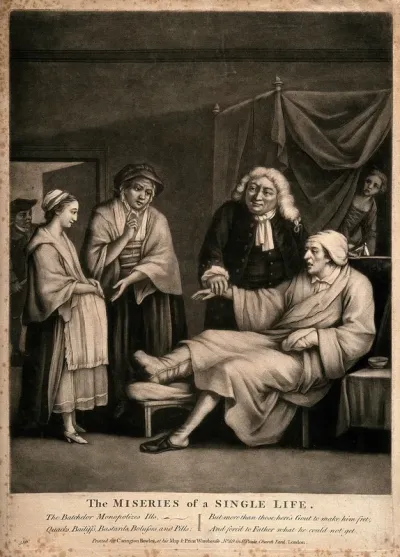 A doctor taking the pulse of a gouty bachelor surrounded by the consequences of his life style