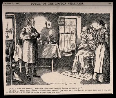 A doctor visiting an Irish patient whose wife queries the recommendation to take one pill three times a day