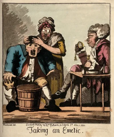 A doctor waiting for his patient to vomit after administering an emetic
