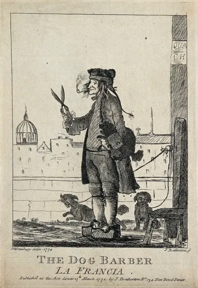A dog barber holding a large pair of shears in one hand, a poodle under his arm, standing on a quai in Paris
