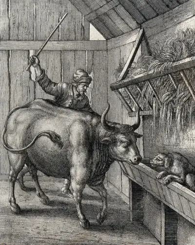 A dog in the manger is growling at an ox which is driven by a peasant with a stick