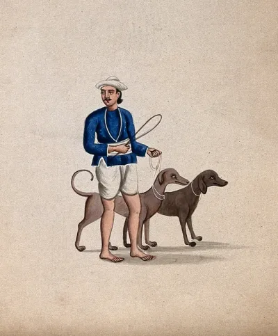 A dog keeper with two dogs
