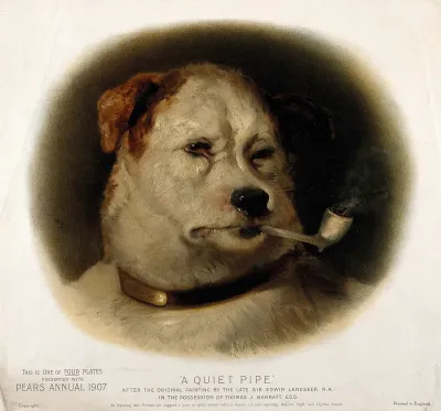 A dog smoking a pipe, with 'Pears' inscribed on his collar
