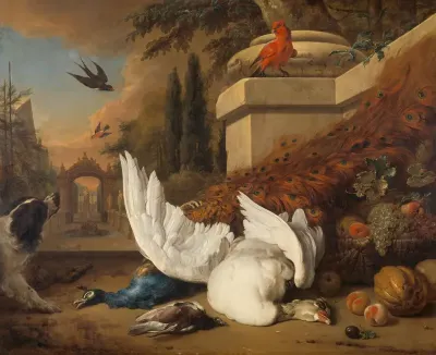 A Dog with a dead Goose and Peacock (A Study of Game and Fruit)