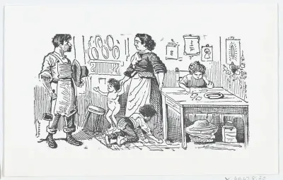 A domestic scene with a mother holding her child's hand while talking to her husband