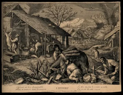 A donkey carries wood while people shelter and eat near a fire; representing winter