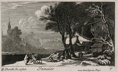 A donkey carrying wood through a snowy landscape; representing January