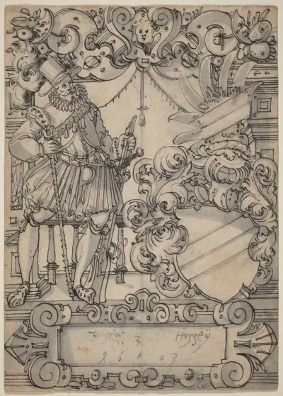 A Donor with a Coat of Arms (Schildbegleiter und Wappenschild mit Schrägbalken)