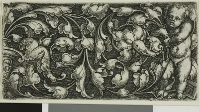A Double Scroll of Leaf Ornament with a Putto Standing at the Right