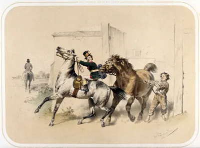 A dray horse pulls with its teeth at a folded rug (?) belted to the waist of a smartly dressed rider on a thoroughbred horse, almost unseating him