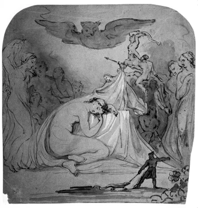 A dream: an owl flies overhead, while large and small figures stand by