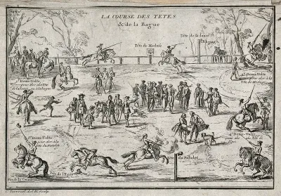 A dressage arena with gentlemen and their horses rehearsing tourney exercises in front of an audience