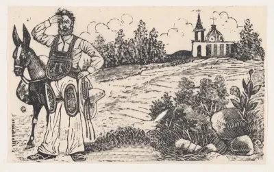 A drover and a mule standing on a road with a church in the background