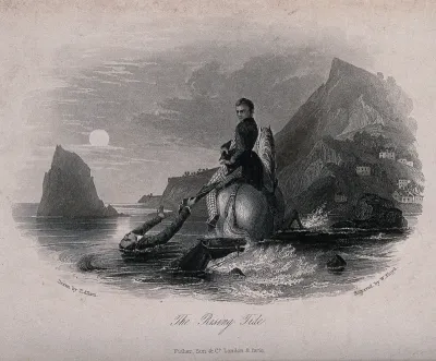 A drowning man and his horse in the sea: the drowning man holds on to the tailcoat of another rider until it tears and forces him to fall back into the water
