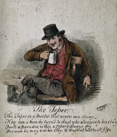 A drunkard wearing a hat, seated, drinking