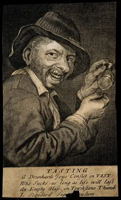A drunkard with an empty glass; representing the sense of taste