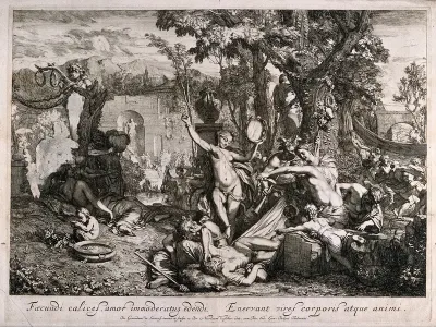 A drunken bacchanalian gathering with women and a satyr trying to waken two sleeping men