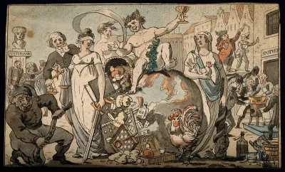 A drunken Bacchus cavorts atop the globe, accompanied by Fortune; to his right physicians and quacks fight for legitimacy; to his left the scales held by a blindfold Justice are tipped by a lawyer's money: an allegory of the world of justice and heal