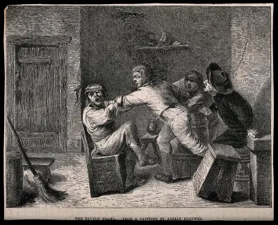 A drunken brawl in a tavern with men shouting encouragement