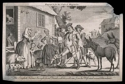 A drunken farmer is brought home where he is met by his wife and various farm animals