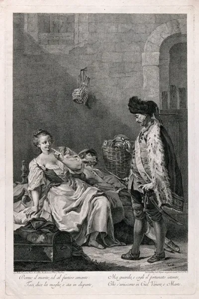 A drunken husband lies sleeping as his young wife plots furtively with her lover, a foreign soldier