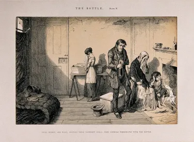 A drunken man at home with his starving and ruined family