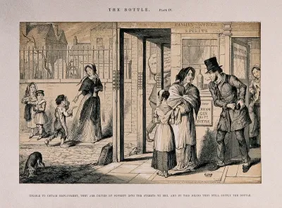 A drunken man begs in the street with his family, all ruined through his drinking habit