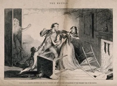 A drunken man fights with his family, all ruined through his drinking habit