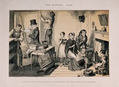 A drunken man sits at home with his family while bailiffs remove their furniture