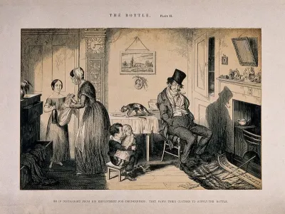 A drunken man sits at home with his family who must pawn their clothes to pay for his habit