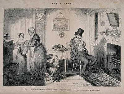 A drunken man sits at home with his family who must sell clothes to pay for his habit