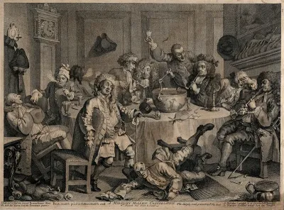 A drunken party with men smoking, sleeping and falling to the floor