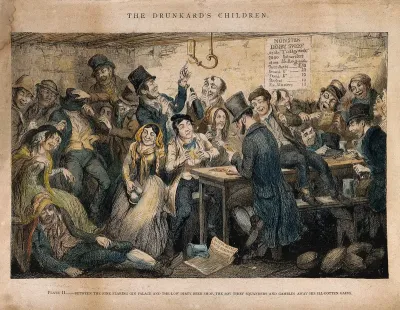 A drunken scene in a beer shop with a young thief gambling