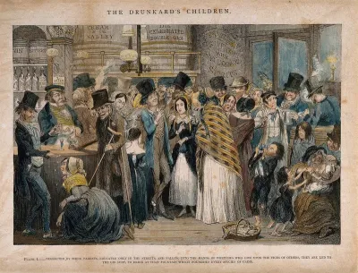 A drunken scene in a gin shop with children being given alcohol