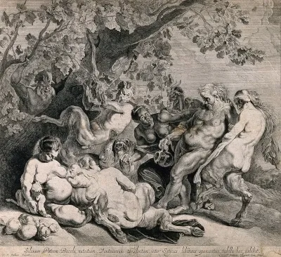 A drunken Silenus being helped to the base of a tree where lie female satyrs with their young