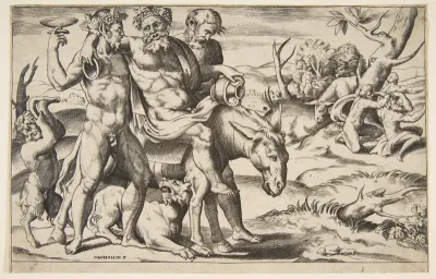 A drunken Silenus riding an ass being supported by satyrs