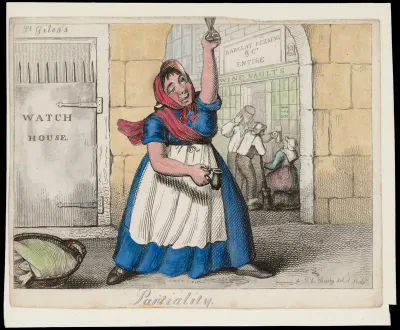 A drunken woman standing in the street in St Giles's, London
