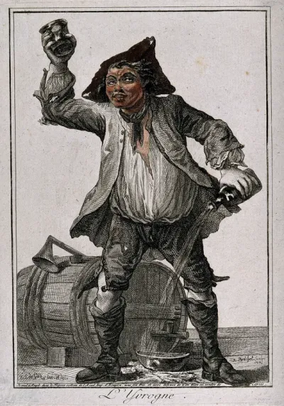 A drunken young man raises a glass in one hand and spills wine from a flask in the other