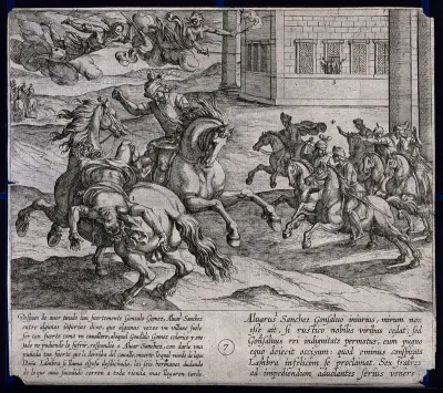 A duel on horseback between Alvar Sánchez and Gonzalo Gomez, watched by Doña Lambra: Alvar Sánchez is killed