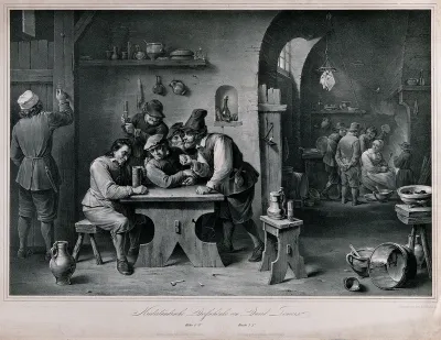 A Dutch country tavern with a drinker being given encouragement, a group by the fire and a serving man chalking up orders