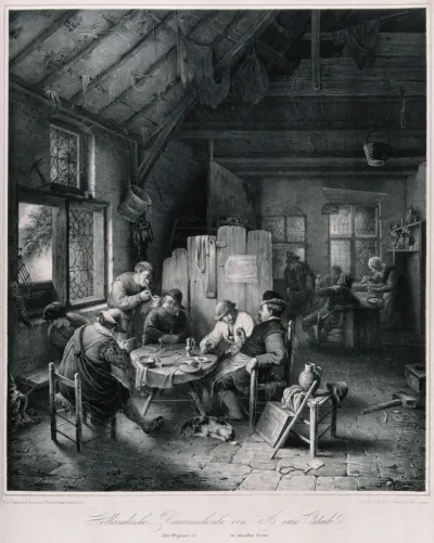 A Dutch country tavern with six men drinking and smoking at a table and others by the bar
