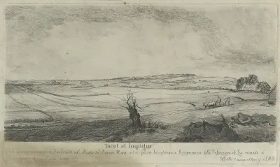 A Dutch landscape: fields, a farmer in an oxcart, and, in the centre foreground, a dead tree