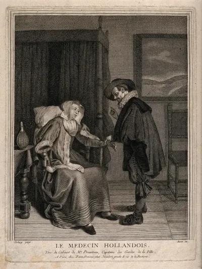 A Dutch physician taking the pulse of a female patient, a urine flask in a wicker basket is on a table beside them