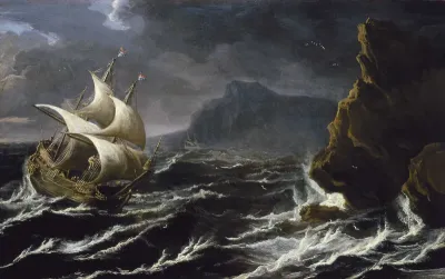 A Dutch Ship Running onto a Rocky Coast