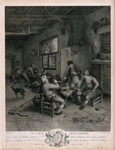 A Dutch tavern interior with three men smoking and drinking in the foreground