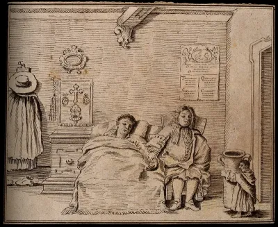 A dwarf carrying a large jug into a room where a person is ill in bed