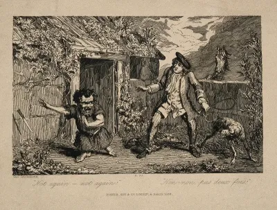 A dwarf throwing away a knife and exclaiming to a startled man and a dog, amidst a rural setting